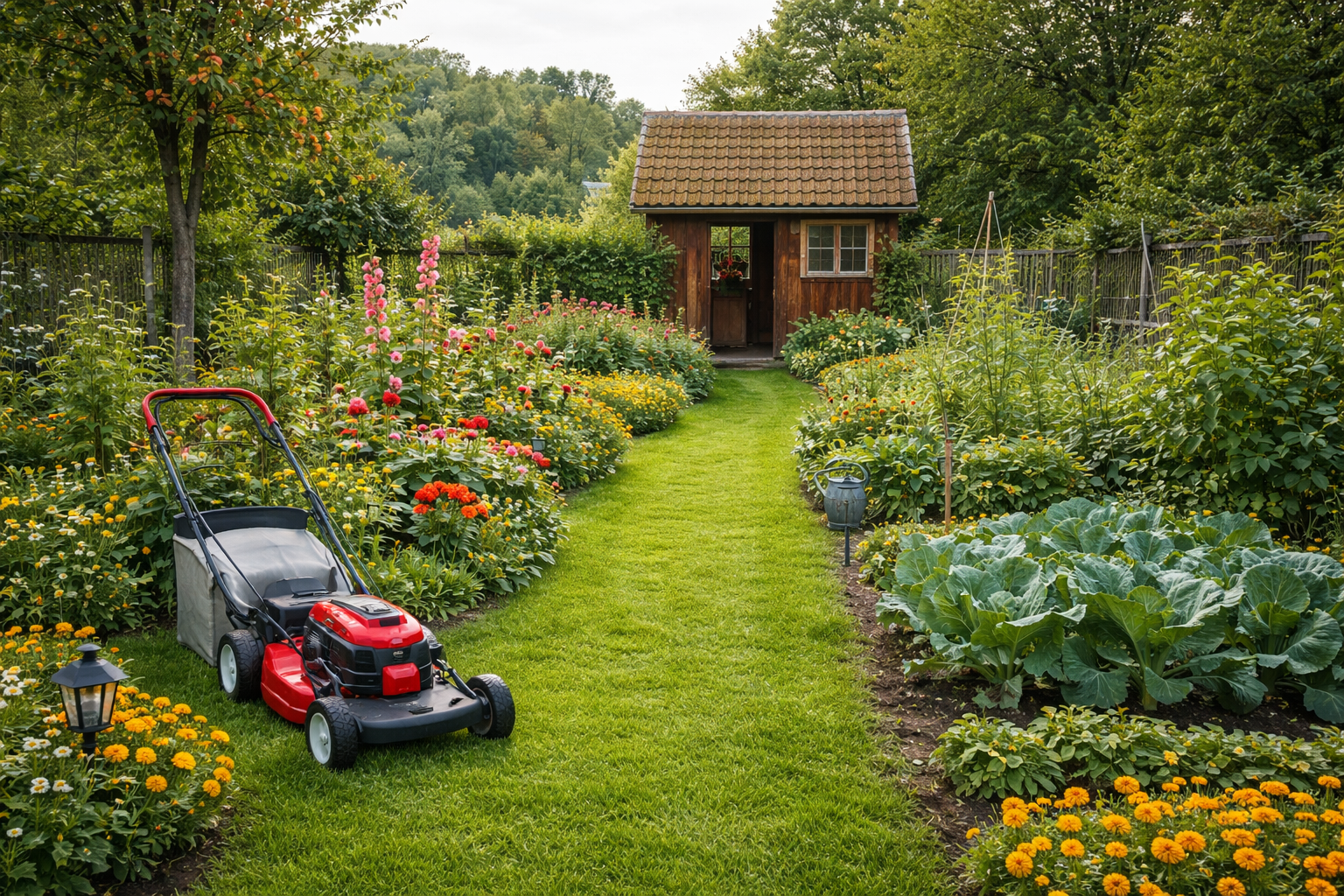 Rasenmaeher im gepflegten Garten